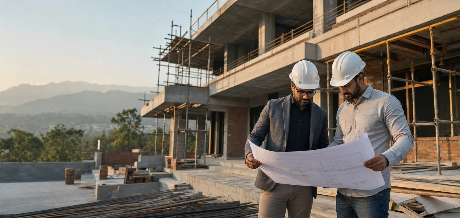Architect and contractor reviewing a home plan at a residential construction site
