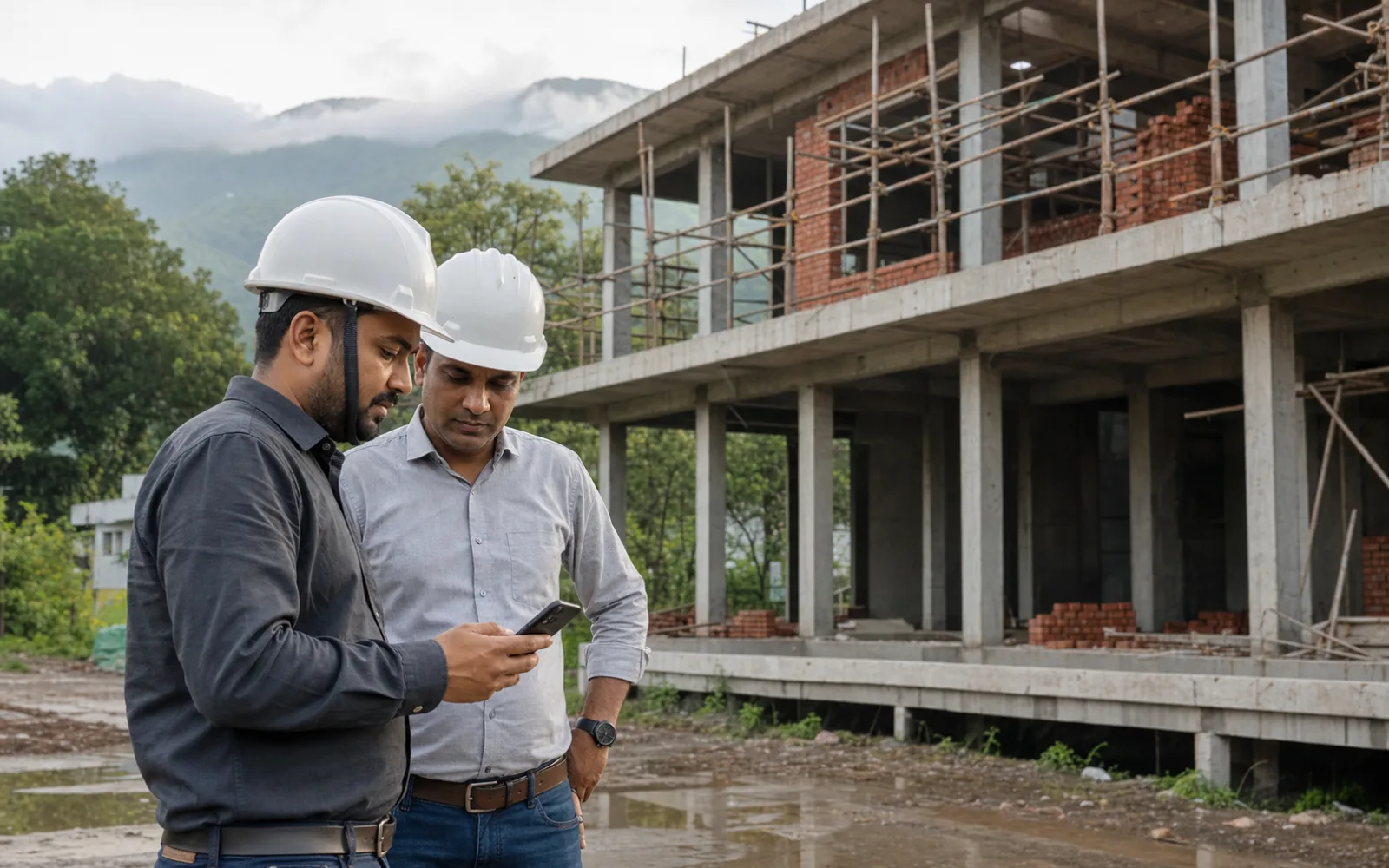 Two construction professionals using a smartphone beside an unfinished residential building in a Dehradun foothill setting