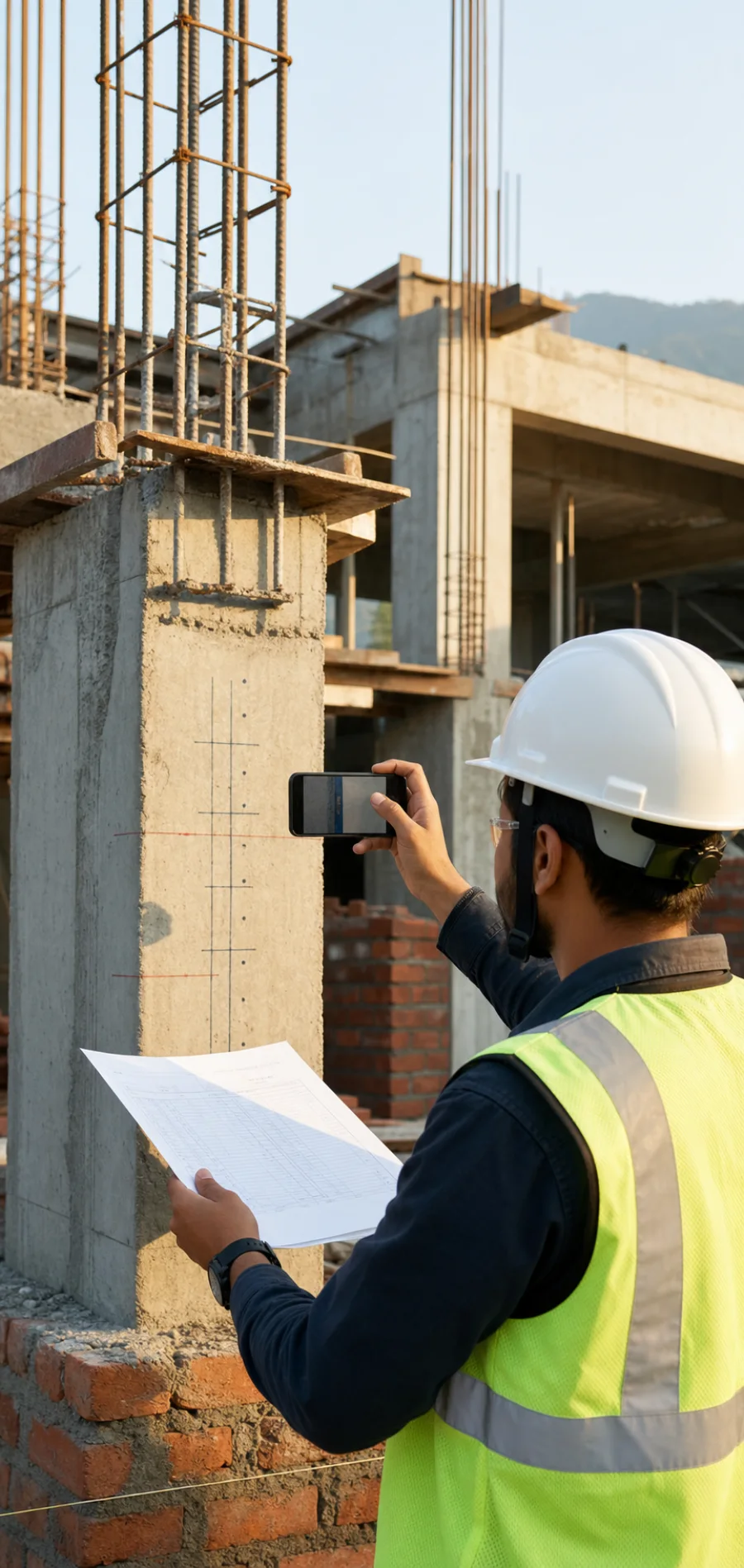 Site engineer documenting a reinforced concrete column with a smartphone