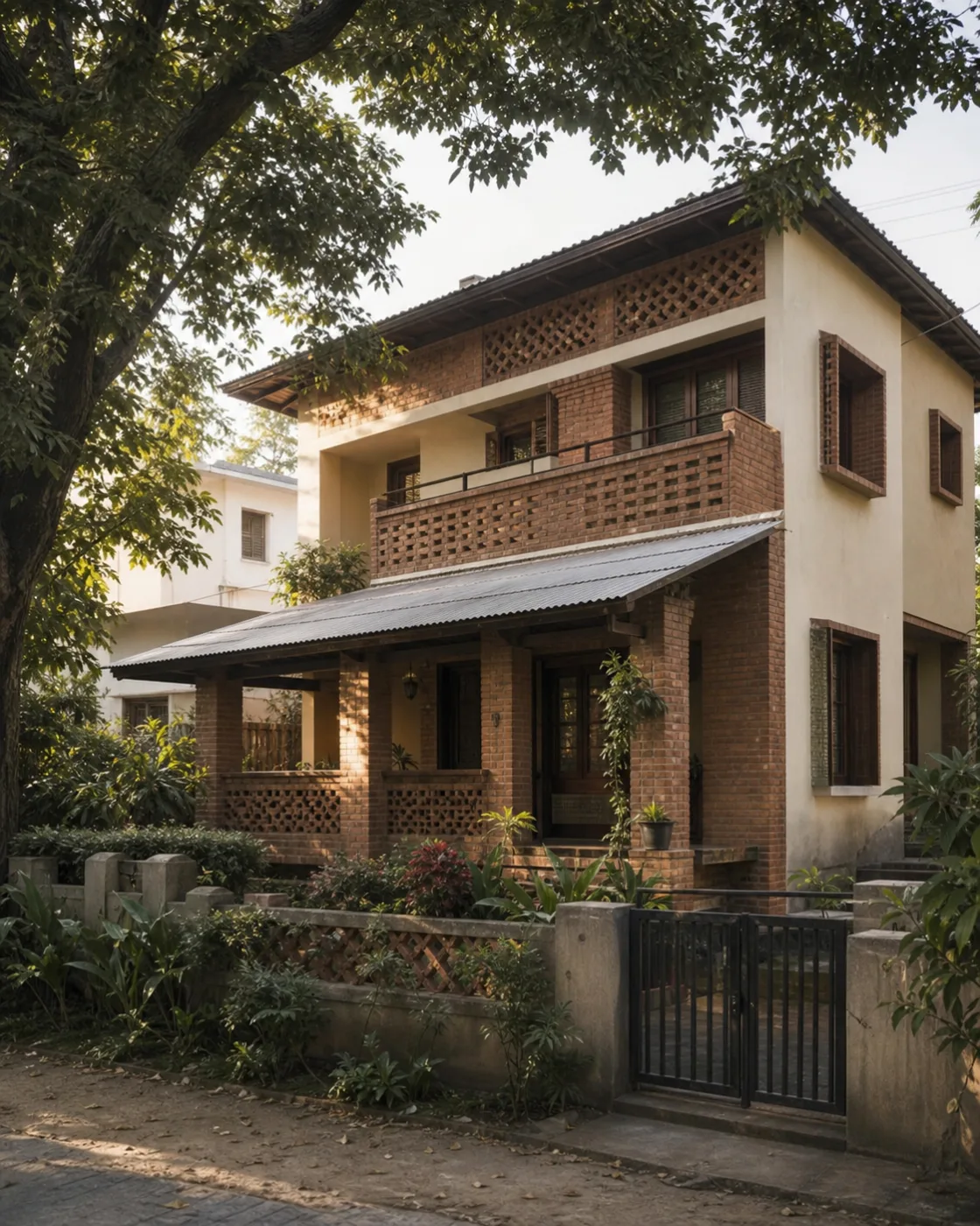 AI-generated unbuilt design study of a garden-oriented brick home for Clement Town, Dehradun