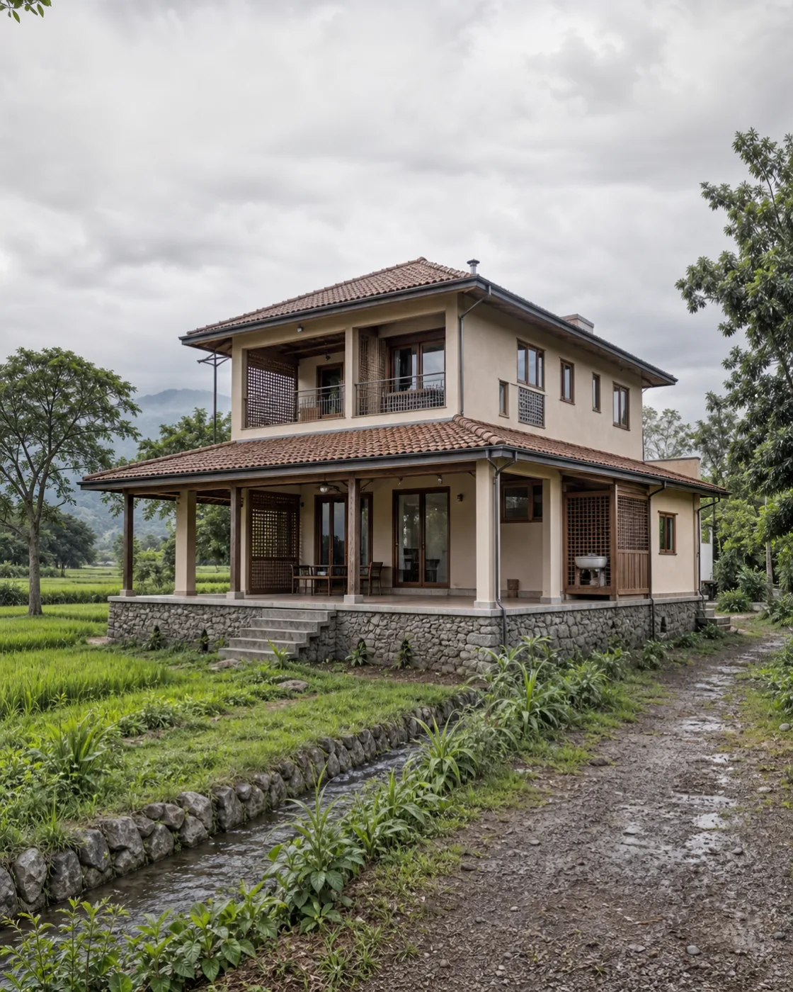 AI-generated unbuilt design study of a raised farm-edge family home for Doiwala near Dehradun