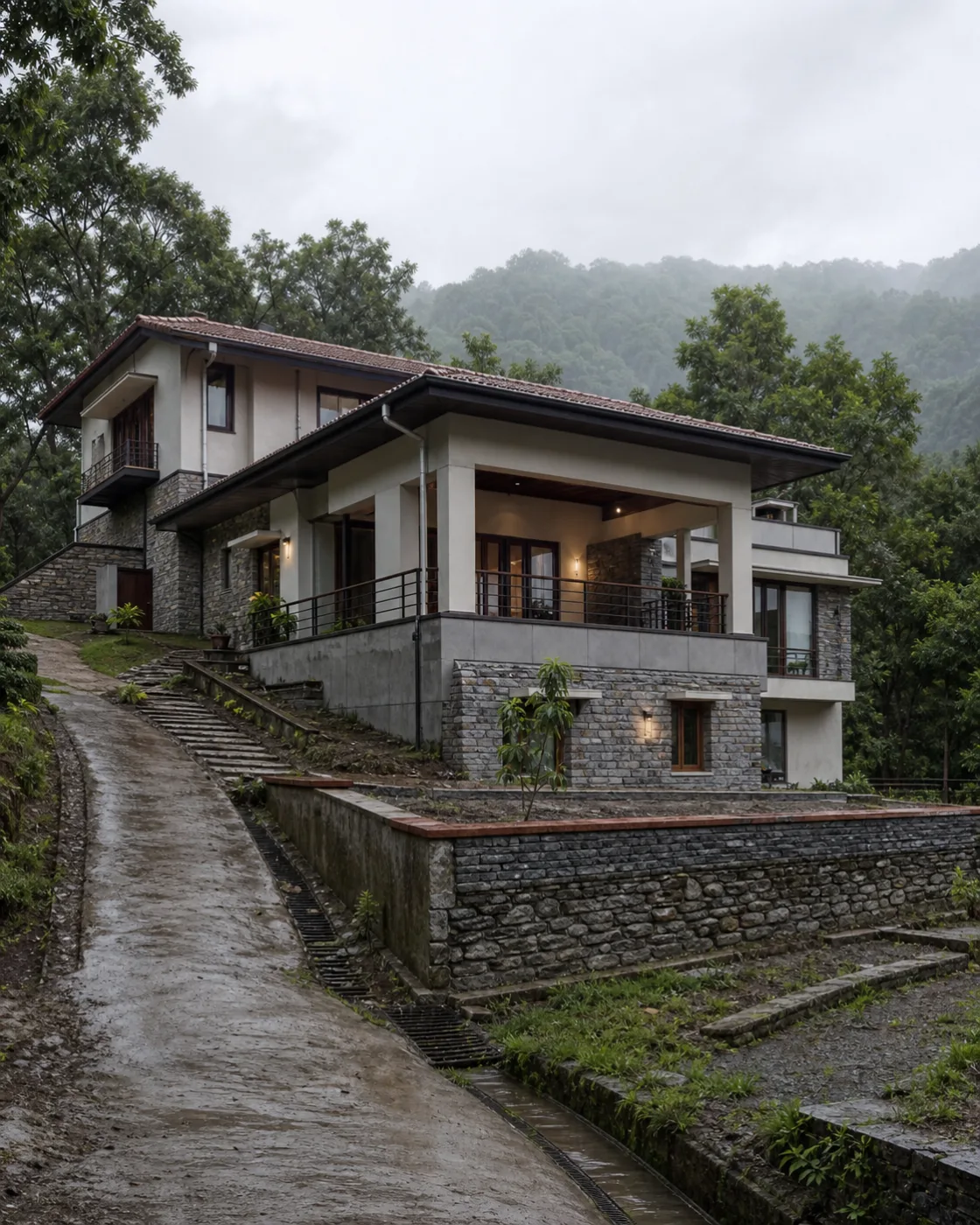 AI-generated unbuilt design study of a split-level hillside residence for Malsi, Dehradun