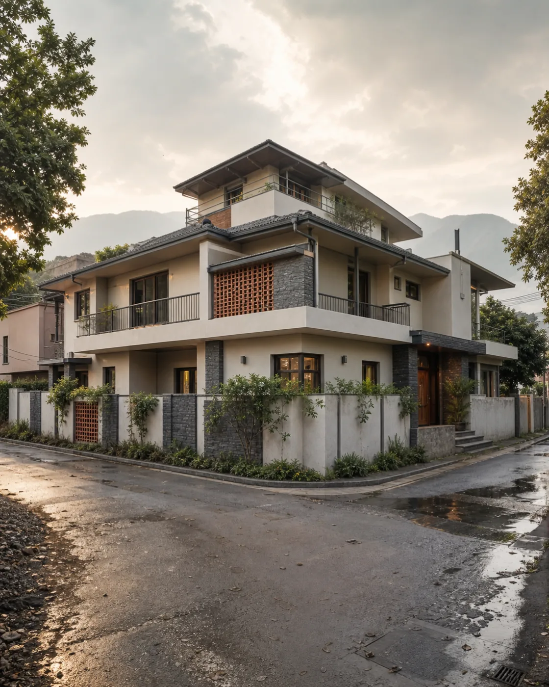AI-generated unbuilt design study of a corner-plot family residence for Raipur Road, Dehradun