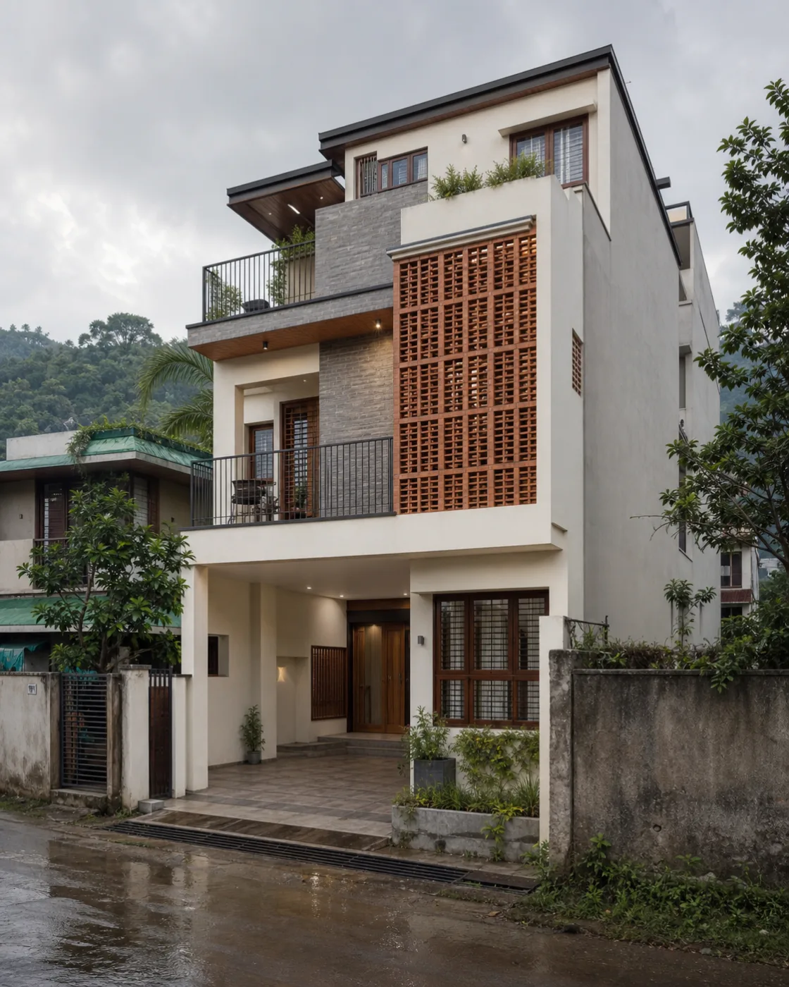 AI-generated unbuilt design study of a compact narrow-plot villa for Sahastradhara Road, Dehradun